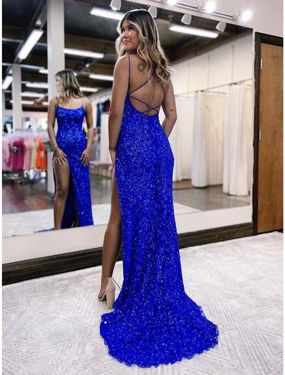 Mermaid / Trumpet Prom Dresses Sparkle & Shine Dress Formal Sweep / Brush Train Sleeveless Spaghetti Strap Sequined Backless with Sequin Slit