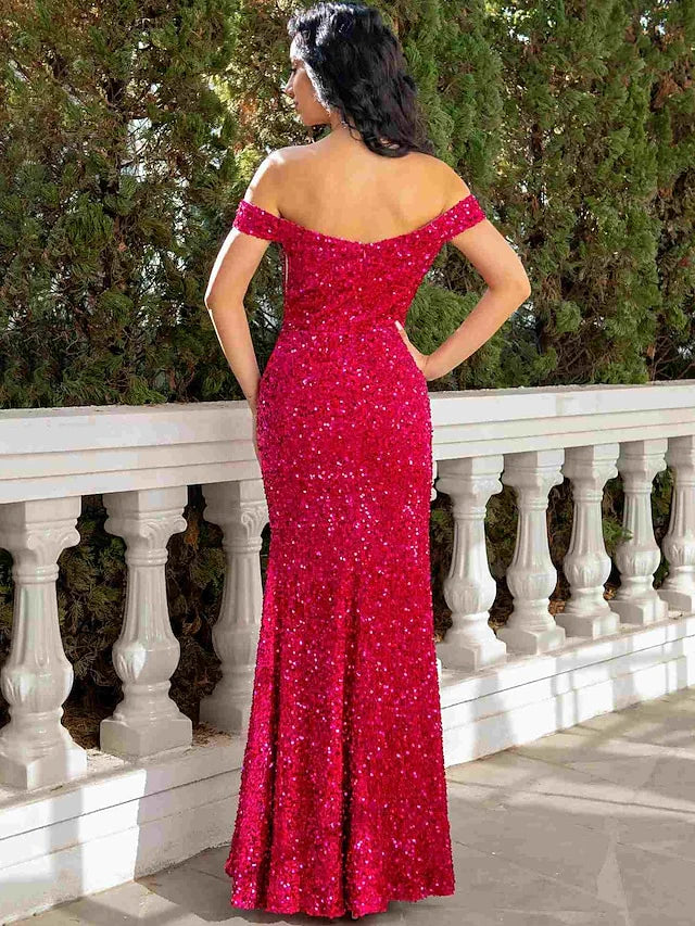 Mermaid / Trumpet Prom Dresses Sexy Dress Wedding Guest Floor Length Short Sleeve Off Shoulder Sequined with Ruched Sequin Slit