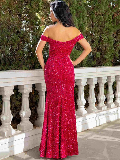 Mermaid / Trumpet Prom Dresses Sexy Dress Wedding Guest Floor Length Short Sleeve Off Shoulder Sequined with Ruched Sequin Slit