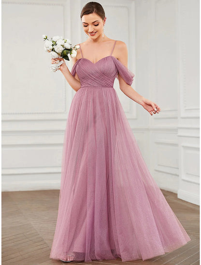 A-Line Prom Dresses Elegant Dress Wedding Guest Floor Length Sleeveless V Neck Tulle with Pleats