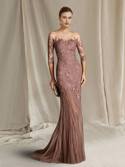 Mermaid / Trumpet Mother of the Bride Dress Elegant Jewel Neck Sweep / Brush Train Lace Tulle Half Sleeve with Appliques