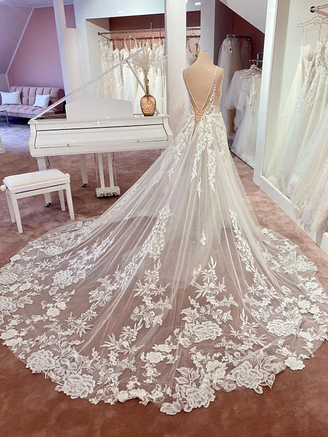 Engagement Open Back Formal Wedding Dresses Chapel Train A-Line Spaghetti Strap V Neck Lace With Appliques