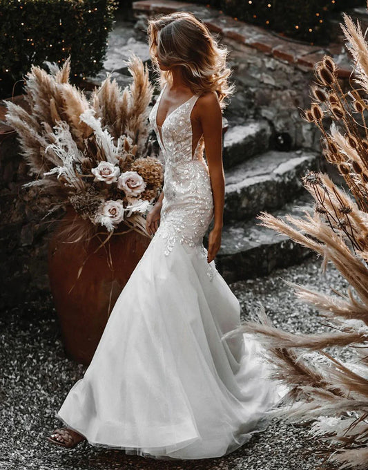 Mermaid V-Neck Wedding Dress with 3D Embroidery