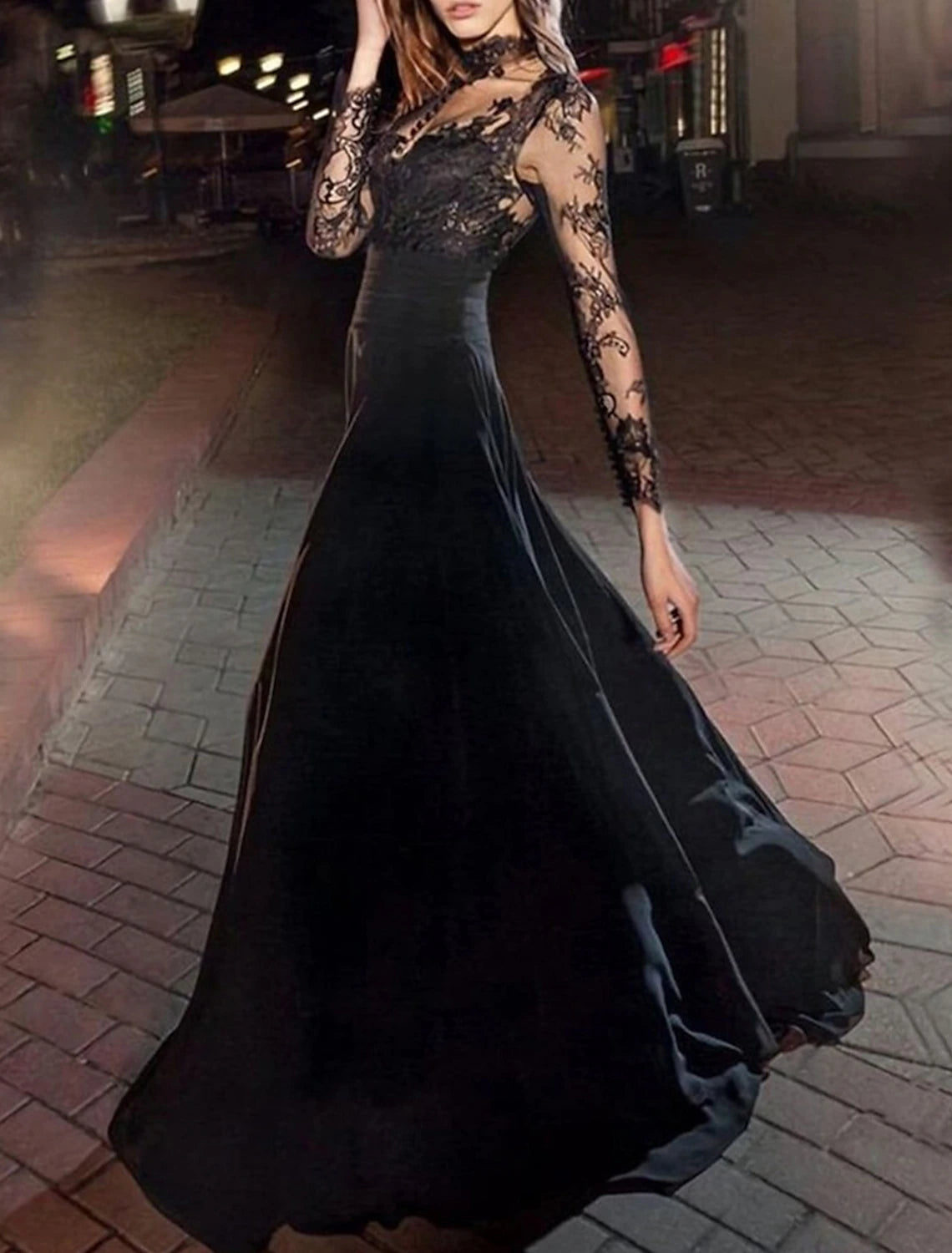 A-Line Evening Gown Vintage Dress Masquerade Floor Length Long Sleeve High Neck Chiffon with Appliques