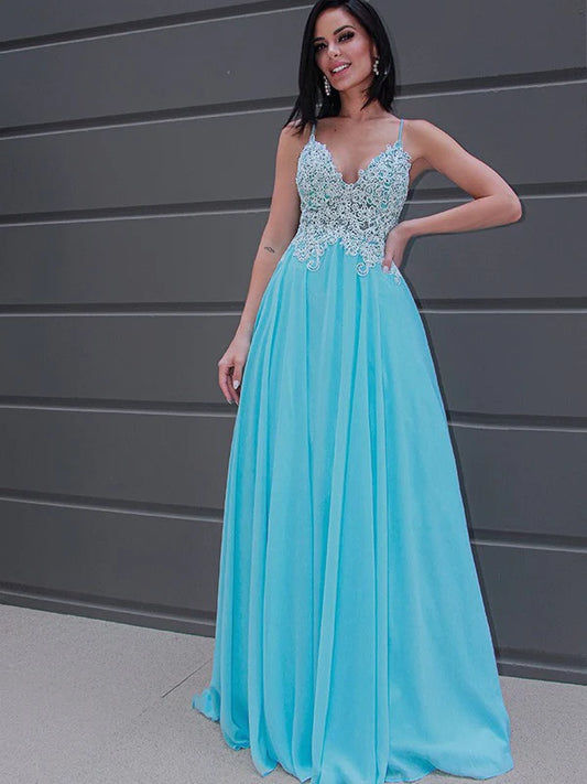 A-Line Princess Chiffon Applique Sleeveless V-neck Prom Dresses