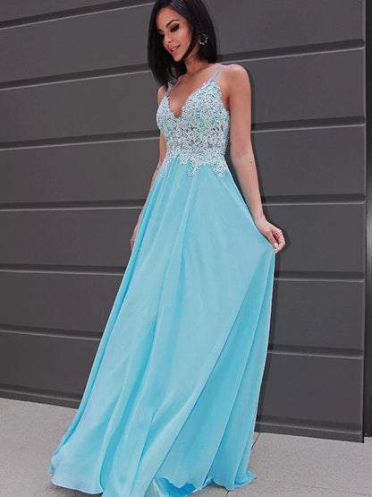 A-Line Princess Chiffon Applique Sleeveless V-neck Prom Dresses