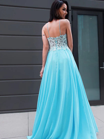 A-Line Princess Chiffon Applique Sleeveless V-neck Prom Dresses