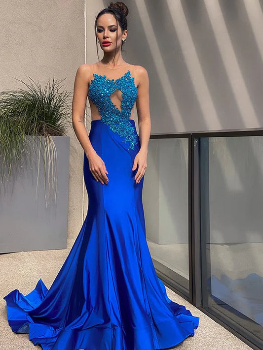 Mermaid Applique Jersey Scoop Sleeveless Prom Dresses