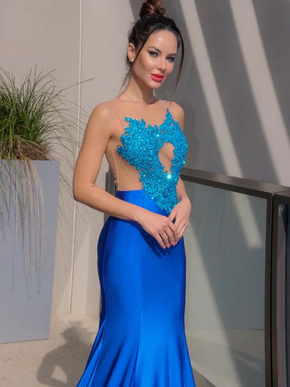 Mermaid Applique Jersey Scoop Sleeveless Prom Dresses