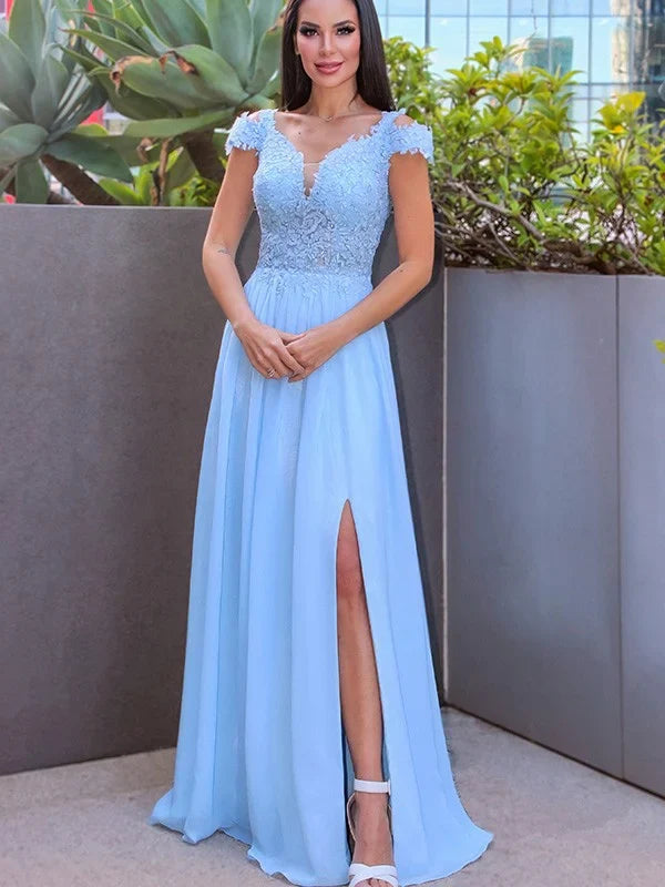 A-Line Princess Floor-Length Off-the-Shoulder Sleeveless Chiffon Applique Prom Dresses