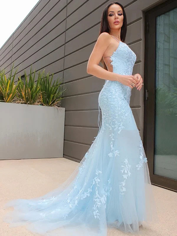 Halter Sleeveless Lace Tulle Prom Dresses Long