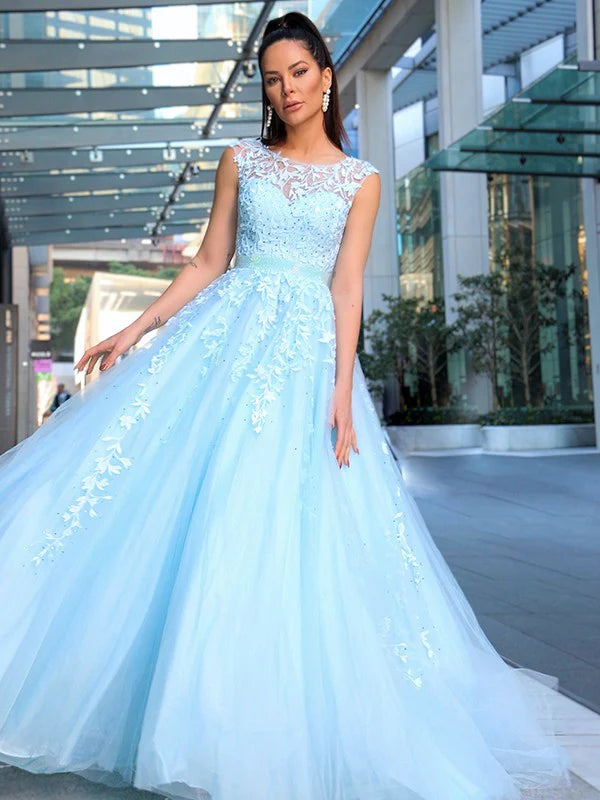 A-Line Princess Scoop Sleeveless Tulle Applique Prom Dresses