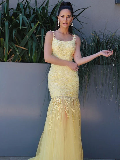 Tulle Applique Spaghetti Straps Sleeveless Yellow Prom Dresses Long