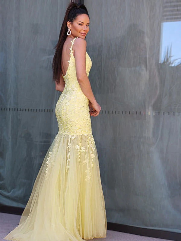 Tulle Applique Spaghetti Straps Sleeveless Yellow Prom Dresses Long