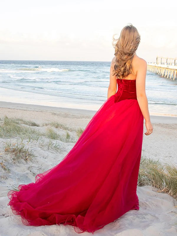 Ball Gown Sleeveless Off-the-Shoulder Applique Tulle Prom Dresses