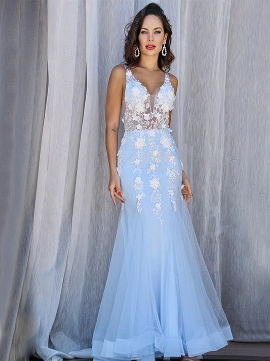 Tulle V-neck Sleeveless Applique Floor-Length Prom Dresses