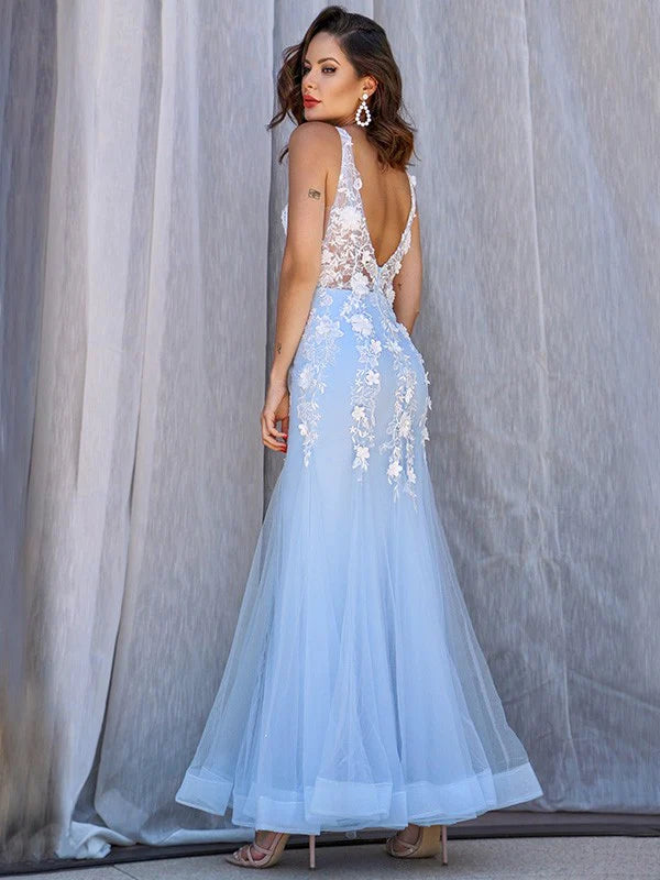 Tulle V-neck Sleeveless Applique Floor-Length Prom Dresses