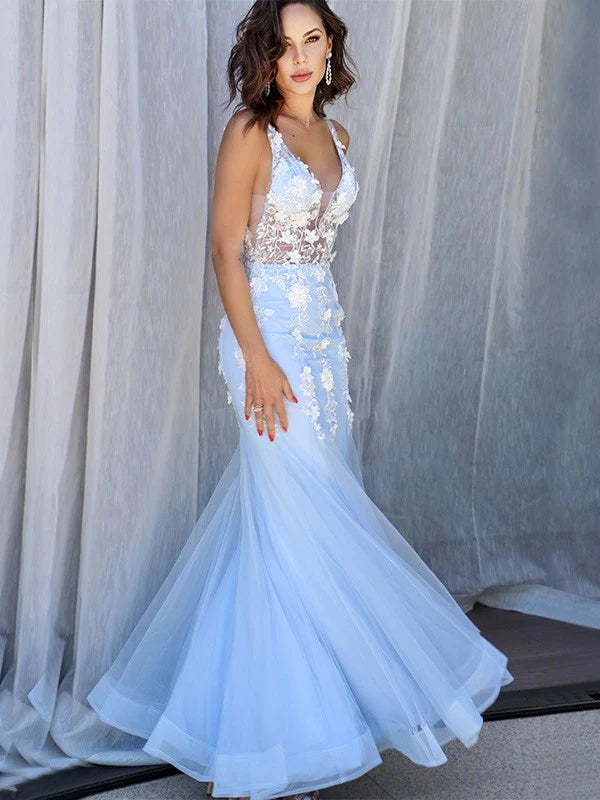 Tulle V-neck Sleeveless Applique Floor-Length Prom Dresses