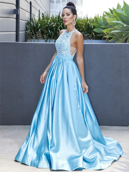 A-Line Princess Satin Halter Sleeveless Applique Prom Dresses