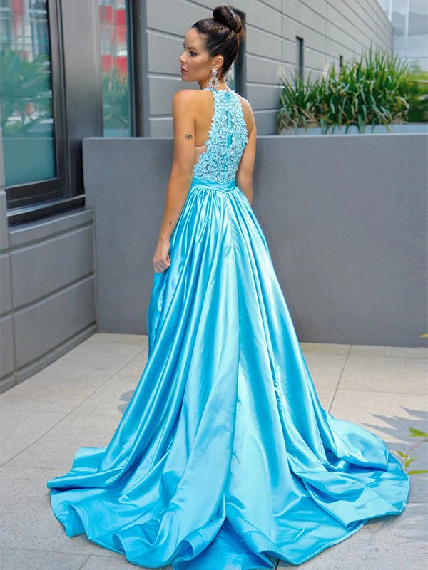 A-Line Princess Satin Halter Sleeveless Applique Prom Dresses