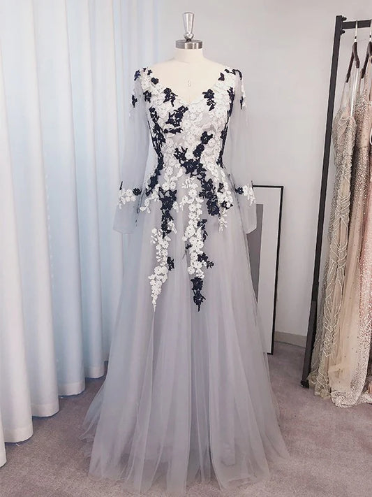 A-Line Princess Tulle Applique V-neck Long Sleeves Floor-Length Prom Dresses