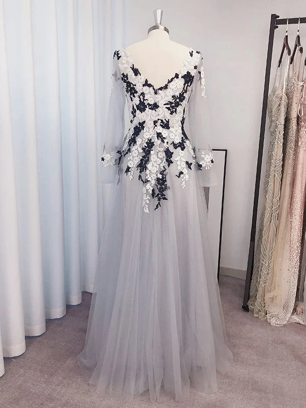 A-Line Princess Tulle Applique V-neck Long Sleeves Floor-Length Prom Dresses