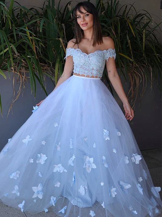 Princess Tulle Applique Sleeveless Off-the-Shoulder Floor-Length Two Piece Prom Dresses