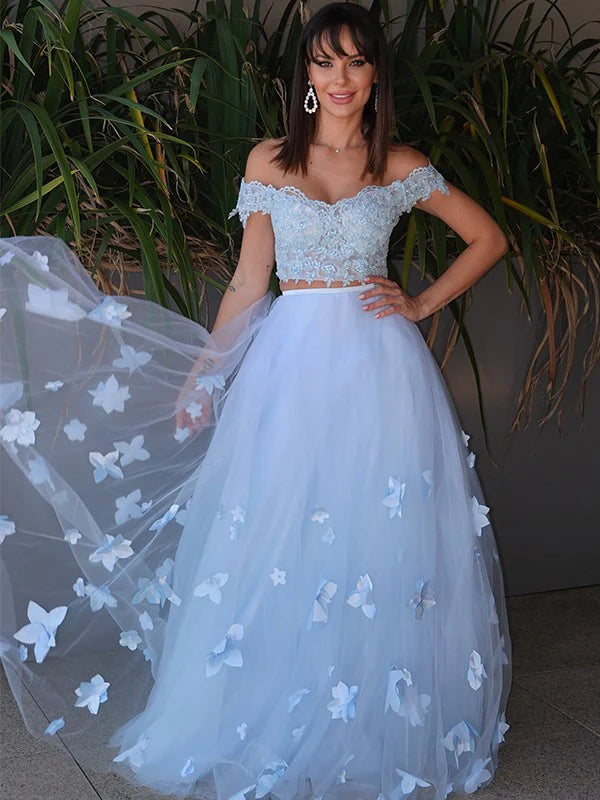 Princess Tulle Applique Sleeveless Off-the-Shoulder Floor-Length Two Piece Prom Dresses