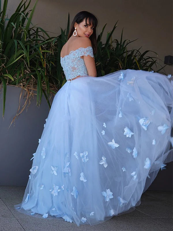 Princess Tulle Applique Sleeveless Off-the-Shoulder Floor-Length Two Piece Prom Dresses