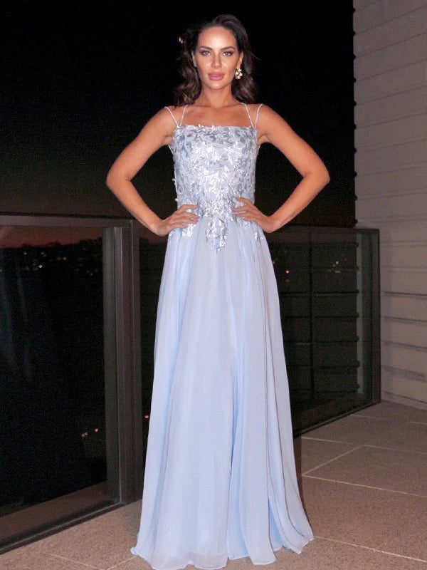 A-Line Princess Chiffon Applique Square Sleeveless Floor-Length Prom Dresses