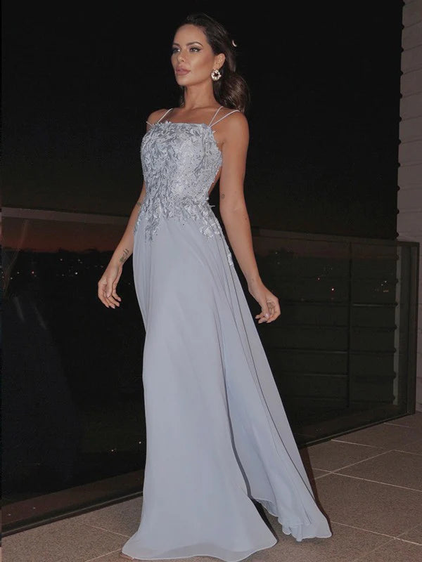 A-Line Princess Chiffon Applique Square Sleeveless Floor-Length Prom Dresses