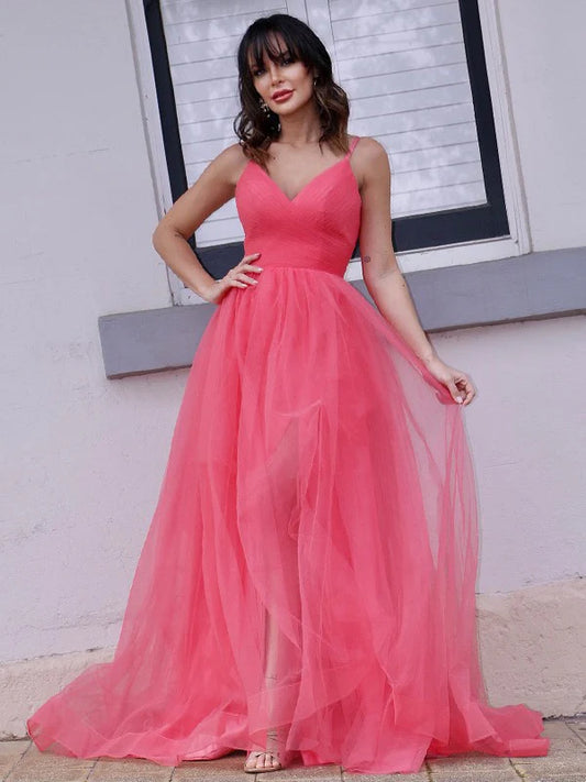 A-Line Princess Tulle Ruffles V-neck Sleeveless Prom Dresses