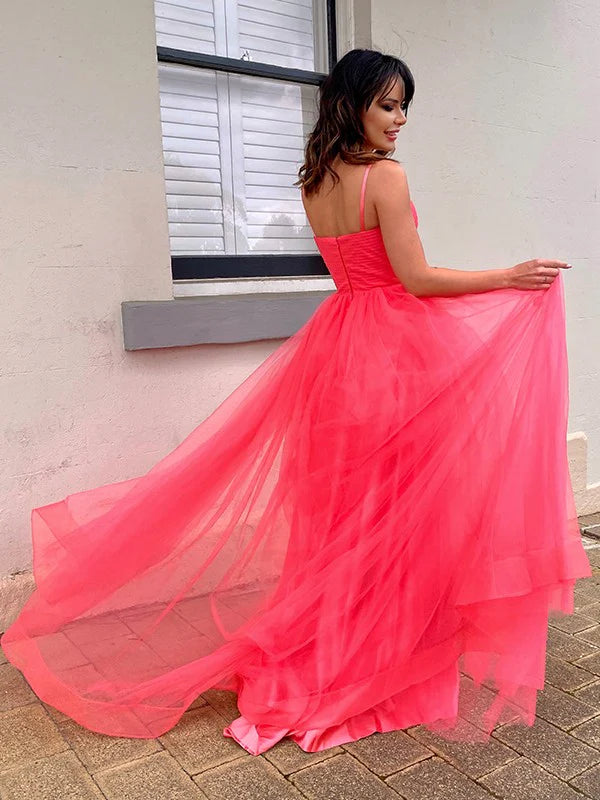 A-Line Princess Tulle Ruffles V-neck Sleeveless Prom Dresses