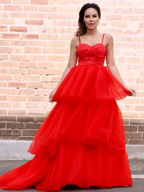 A-Line Princess Tulle Layers Spaghetti Straps Sleeveless Prom Dresses Red