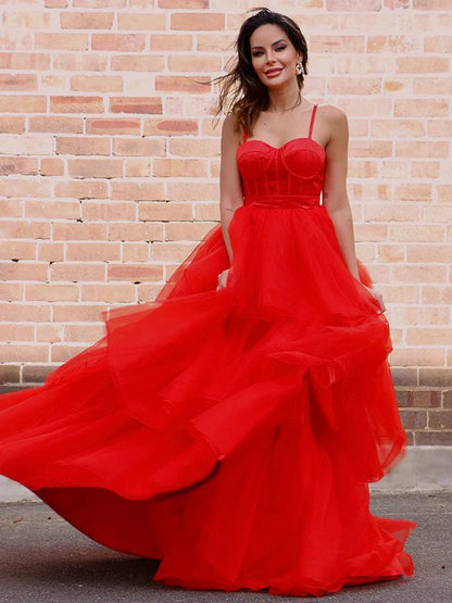 A-Line Princess Tulle Layers Spaghetti Straps Sleeveless Prom Dresses Red