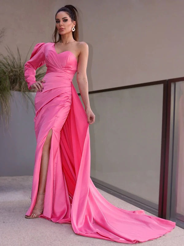 One-Shoulder Long Sleeves Ruched Charmeuse Prom Dresses