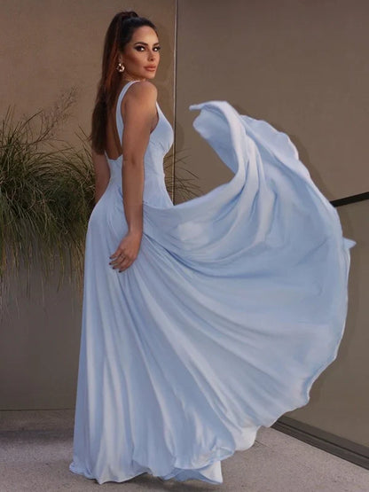 A-Line Princess Ruffles Jersey V-neck Sleeveless Floor-Length Prom Dresses