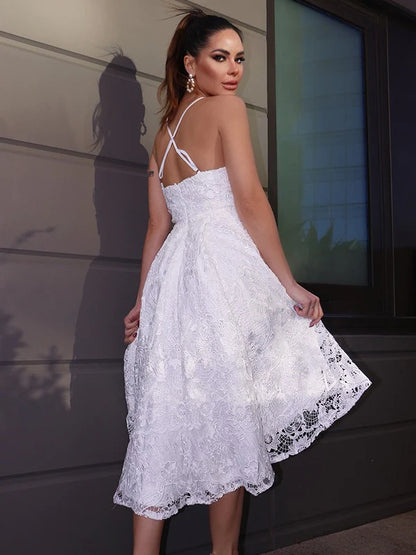 A-Line Princess Sweetheart Lace Ruffles Sleeveless Asymmetrical Homecoming Dresses