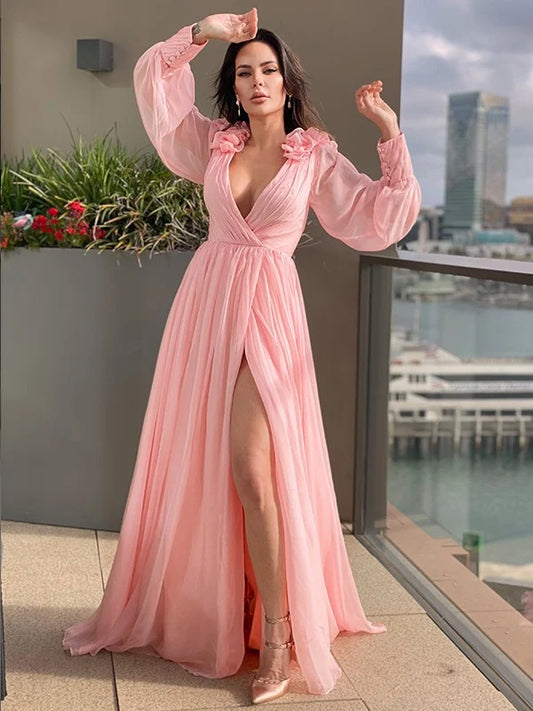 A-Line Princess Chiffon Ruffles V-neck Long Sleeves Prom Dresses