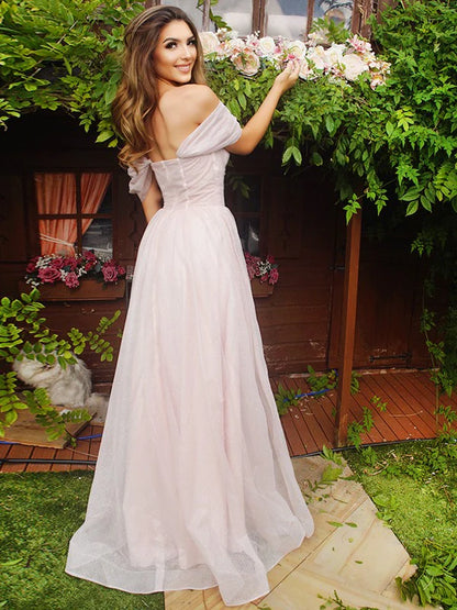 A-Line Princess Ruched Off-the-Shoulder Short Sleeves Prom Dresses