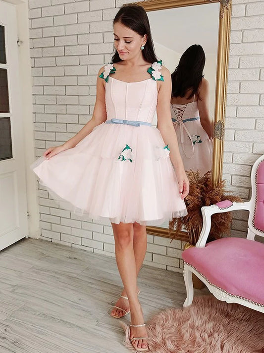 A-Line Princess Tulle Hand-Made Flower Square Sleeveless Short Mini Dresses