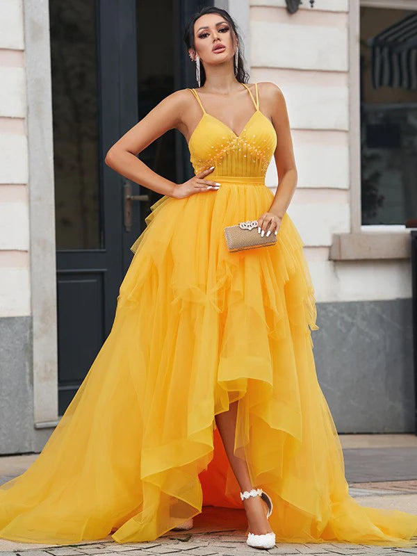 A-Line Princess Tulle Ruffles V-neck Sleeveless Asymmetrical Prom Dresses