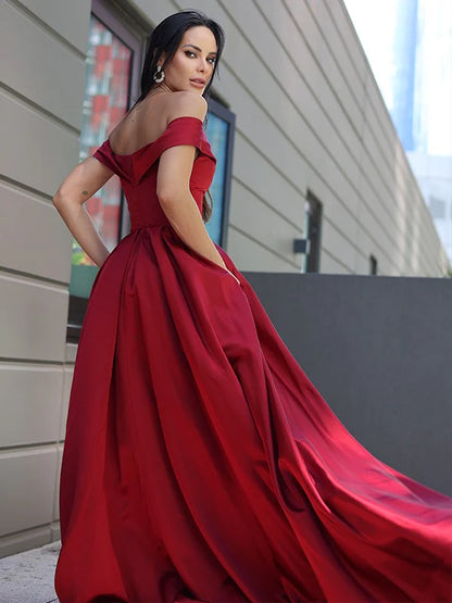 A-Line Princess Satin Ruffles Off-the-Shoulder Sleeveless Dresses