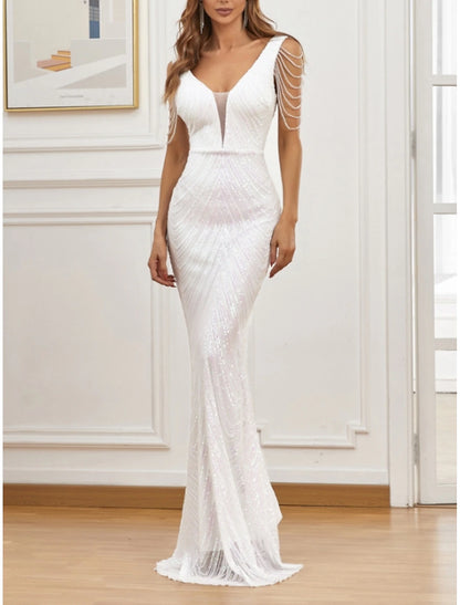 Mermaid / Trumpet Evening Gown Sparkle & Shine Dress Formal Wedding Guest Sweep / Brush Train Sleeveless V Neck Sequined