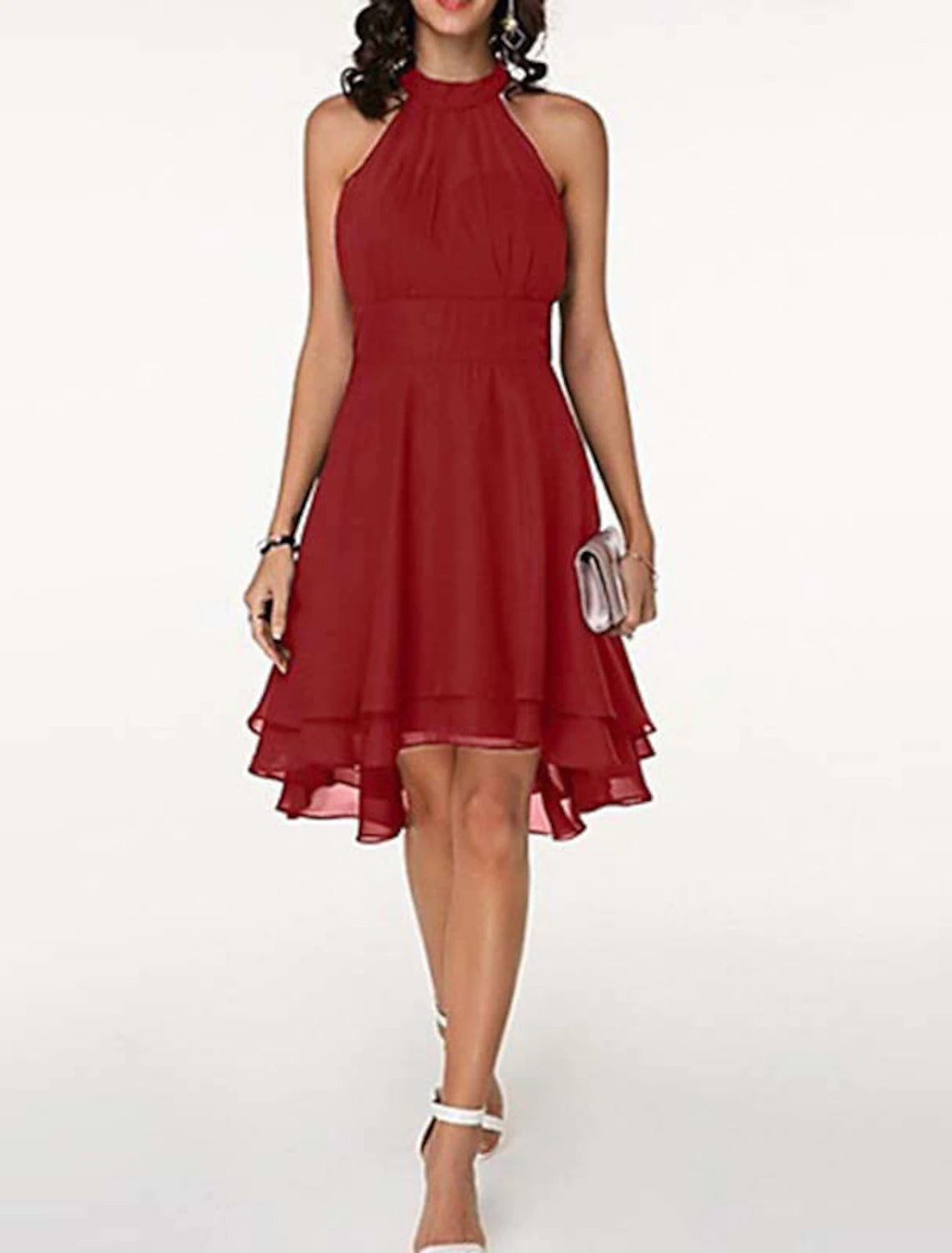 A-Line Cocktail Dresses Party Dress Engagement Knee Length Sleeveless Halter Neck Chiffon V Back with Sleek Tiered