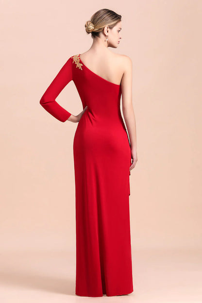 Red One-Shoulder Long Sleeves Ruffle Mother of Bride Dresses with Appliques