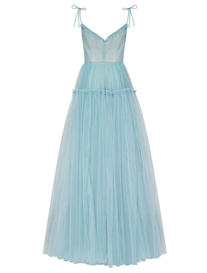 A-Line Prom Dresses Elegant Dress Wedding Guest Floor Length Sleeveless Spaghetti Strap Tulle with Pleats Ruffles