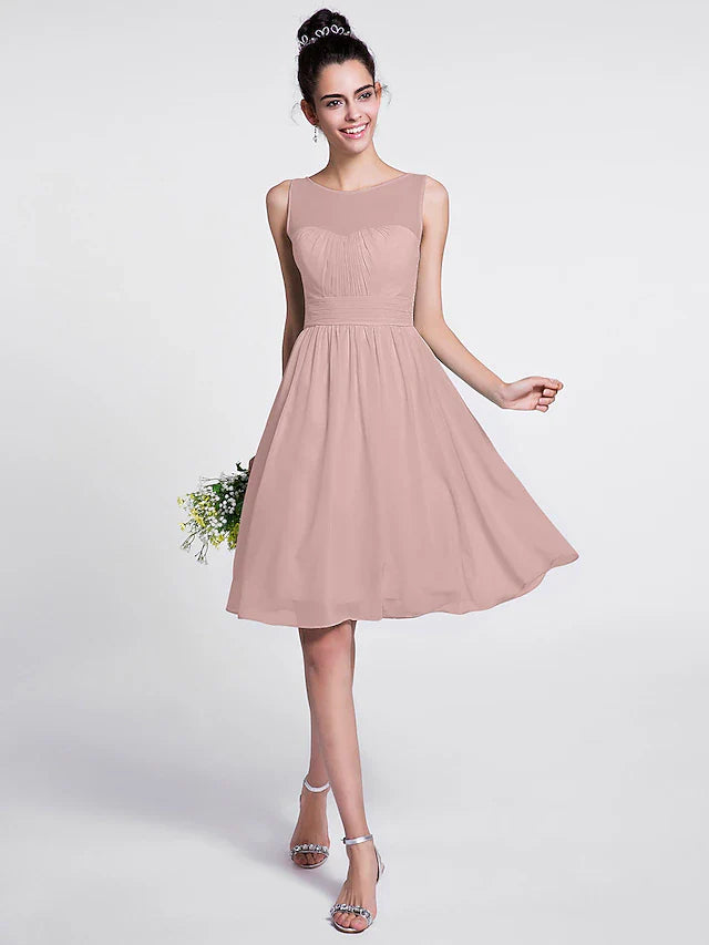 A-Line Bridesmaid Dress Scoop Neck Sleeveless Knee Length Chiffon with Ruched / Draping