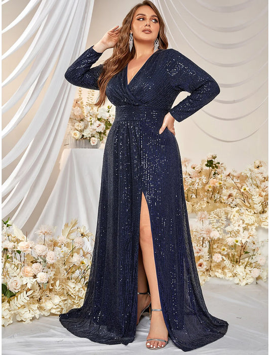 A-Line Evening Gown Plus Size Dress Formal Sweep / Brush Train Long Sleeve V Neck Polyester with Sequin Slit