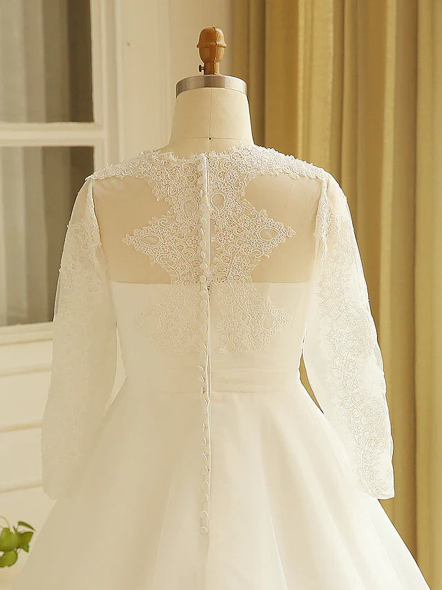 Hall Sparkle & Shine Wedding Dresses Court Train A-Line Long Sleeve Illusion Neck Satin With Buttons Ruched